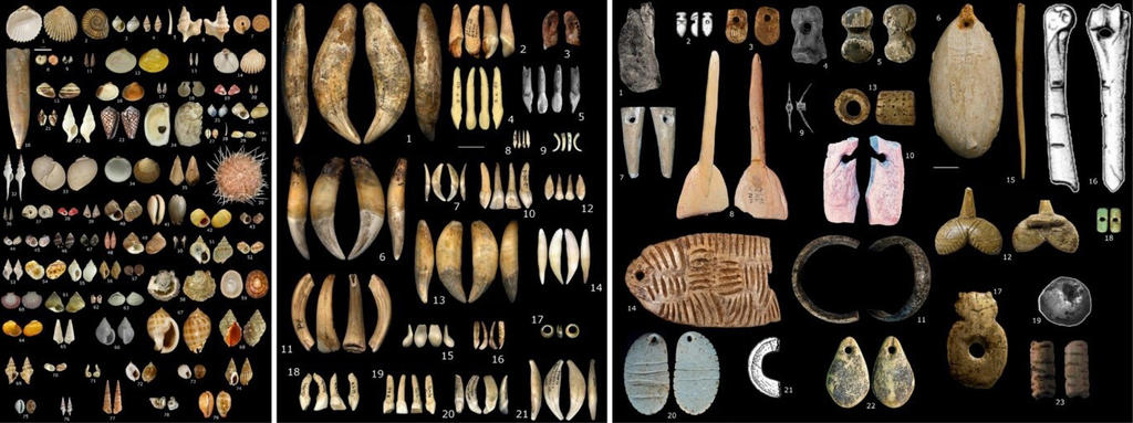 Types d’objets de parure portés au cours du Gravettien (à gauche, coquillages marins, au centre, dents de mammifères, à droite, objets façonnés en os, en ivoire et en pierre).
