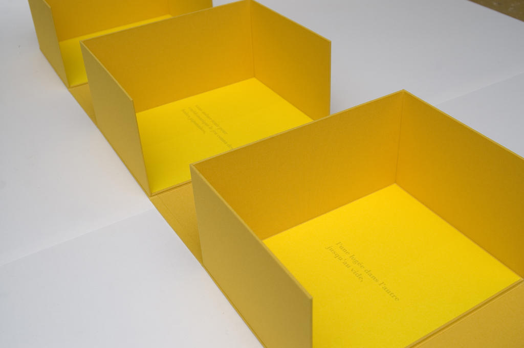 Le Paquet / La reliure, carton, toile, papier, titrage en sérigraphie, texte en impression jet d’encre, 154 x 293 x 230 mm (fermé), largeur ouvert : 5,23 m, 2012 (1re édition, collection Les Amis de La Cambre) et 2024 (titrage en flocage, texte en impression toner).