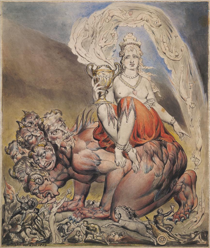 William Blake, La Prostituée de Babylone, 1809. Plume, encre noire, aquarelle. Londres, British Museum.