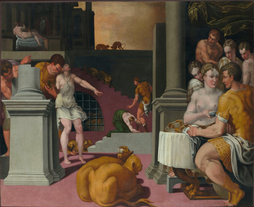 Ruggiero de Ruggieri (1540-1596/97), Ulysse protégé par Mercure des charmes de Circé, 1569. Huile sur toile, 152 x 209 cm. Fontainebleau, château de Fontainebleau.