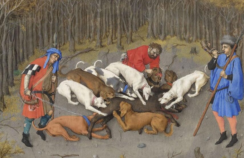 Les frères de Limbourg, vers 1411-1416, et Barthélemy d’Eyck, vers 1446, Très Riches Heures du duc de Berry, ms. 65, folio 12 v°, le mois de décembre, « L’hallali » (détail). Chantilly, bibliothèque du musée Condé. 21 x 29 cm.