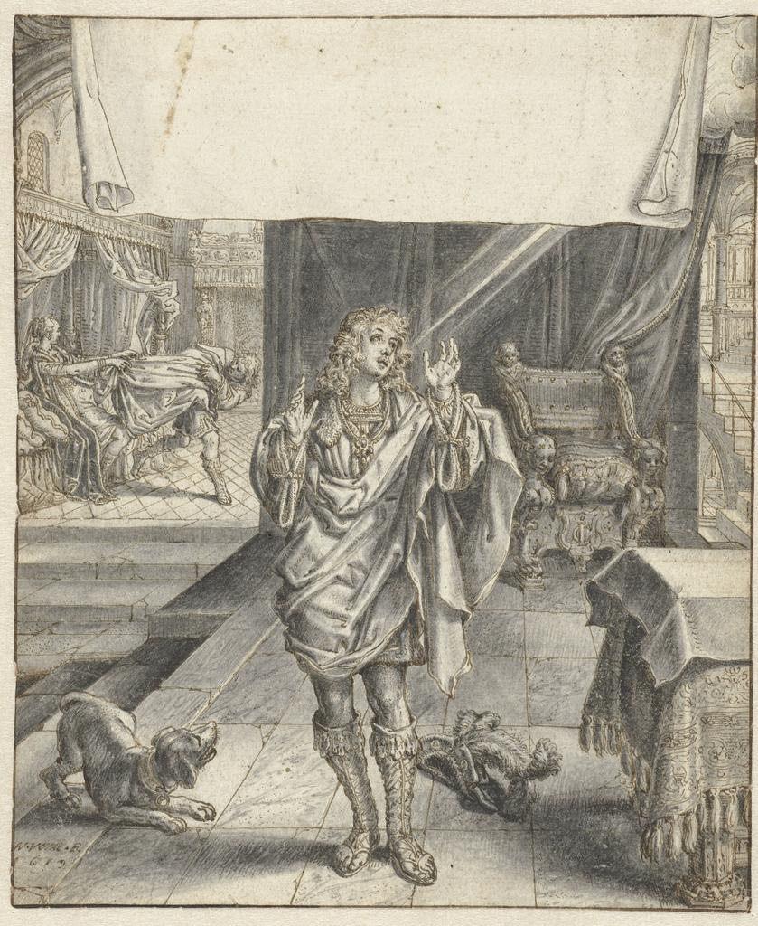 Adriaen Pietersz van de Venne (1589-1662), Joseph et la femme de Putiphar, 1619. Dessin préparatoire au frontispice de l'ouvrage de Jacob Cats, Self-Strijt. Plume, encre brune, lavis gris et traces d'aquarelle, 17,8 x 14,7 cm. Amsterdam, Rijksmuseum. 