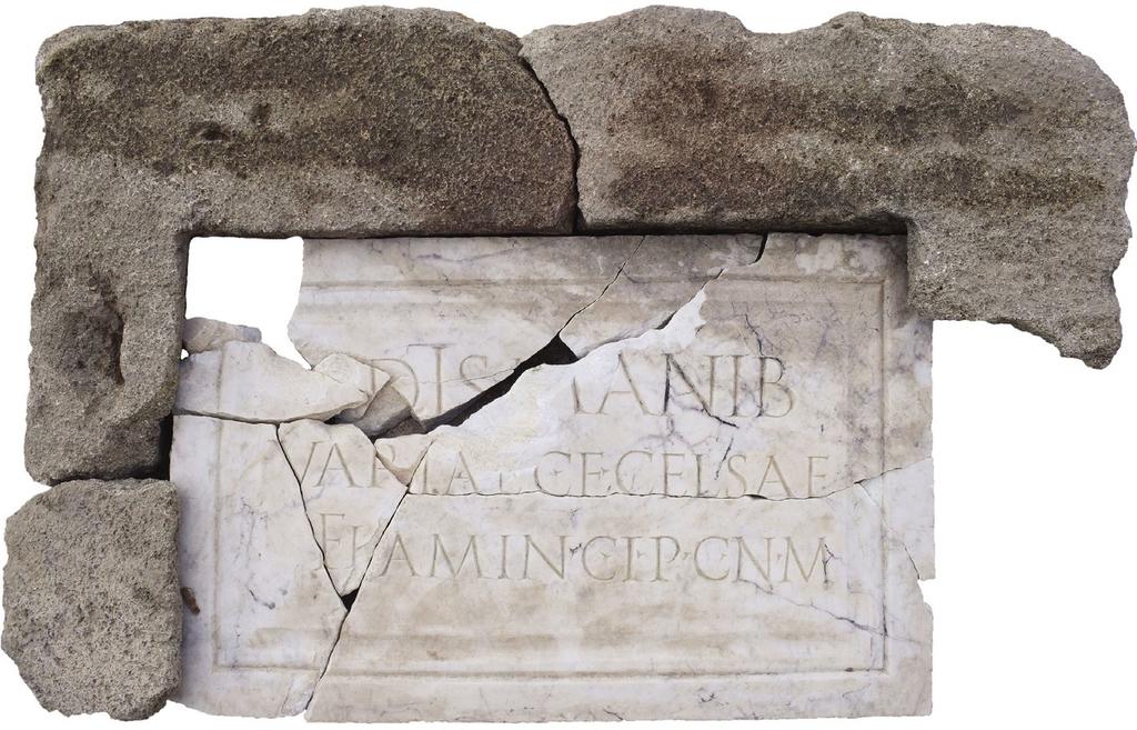 Plaque de marbre portant l’inscription Dis Manib(us) / Variae C(ai) f(iliae) Celsae / flamin(icae) C(olonia) I(ulia) P(aterna) C(laudia) N(arbone) M(artio), « Aux Dieux Mânes de Varia Celsa, fille de Caius, flaminique dans la colonie Julia Paterna Claudia Narbo Martius ».