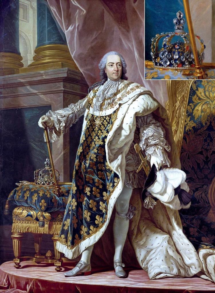 Atelier de Louis Michel Van Loo, Louis XV en costume de sacre, vers 1761-1764. Huile sur toile, 235 x 188 cm. Versailles, musée national des châteaux de Versailles et de Trianon.