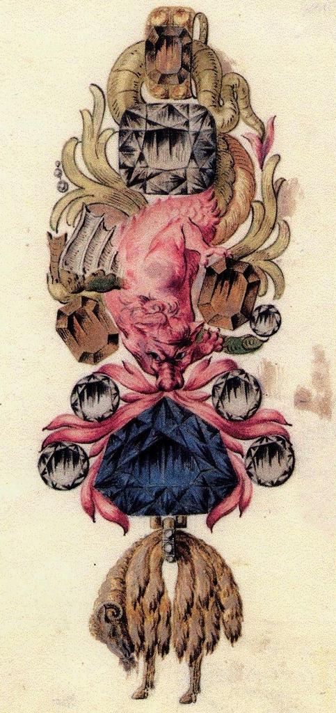 Attribué à Pierre André Jacqmin (1720-1773), représentation à l'échelle de l'insigne de la Toison d'or de la parure de pierres de couleur de Louis XV, avec le Grand Diamant Bleu, vers 1749 (H. du joyau 16 cm). Genève, collection Herbert Horovitz.