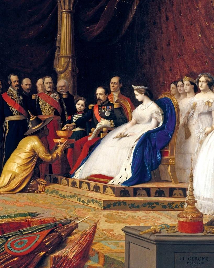 Jean-Léon Gérôme, Réception des ambassadeurs du Siam à Fontainebleau par Napoléon III et l'impératrice Eugénie (détail de l'impératrice Eugénie portant le second diadème grec), 1864. Huile sur toile, 129,2 x 260,5 cm. Dépôt du château de Versailles au château de Fontainebleau.