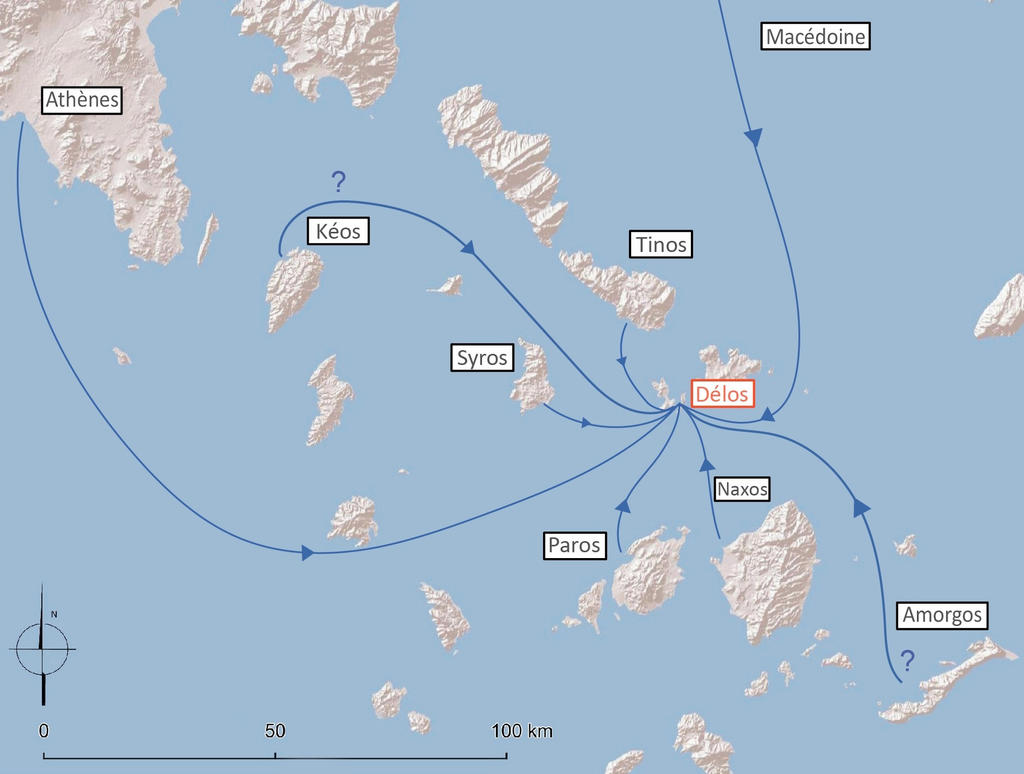 Carte des importations de marbres utilisés dans l’architecture délienne.