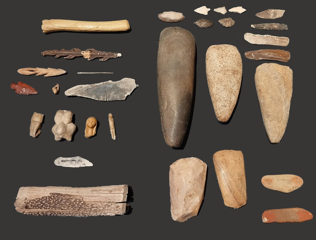 Silex, os, bois animal, plâtre.