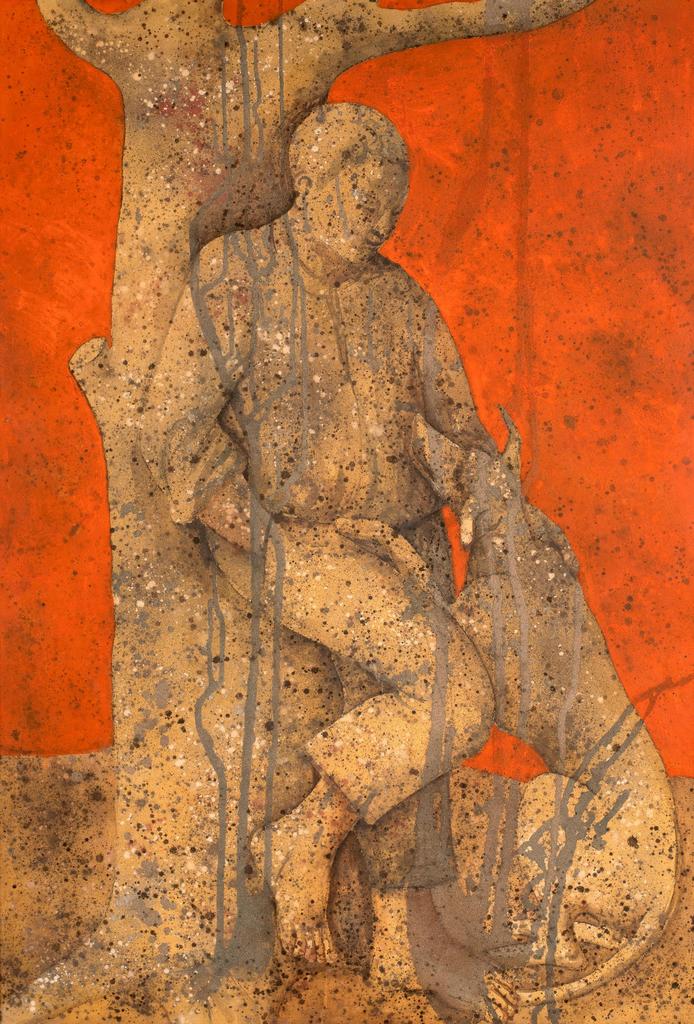 Domenico Gnoli (1933-1970), Homme avec son chien, 1963. Tempera et sable sur panneau, 180 x 122 cm. Paris, collection particulière. 