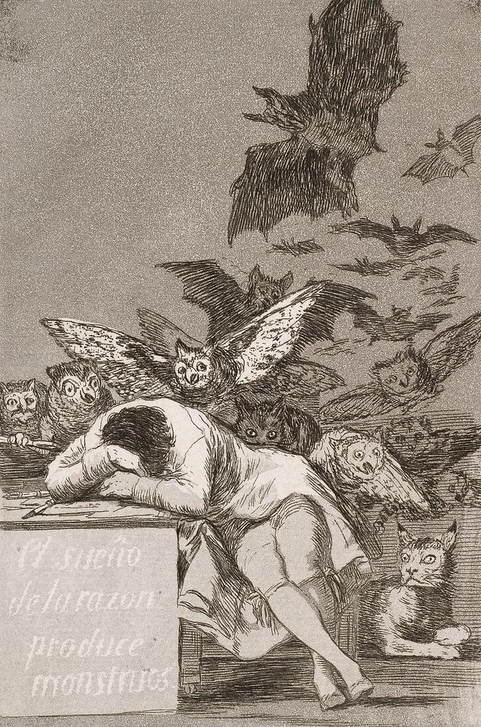 Francisco de Goya y Lucientes (1746-1828), Le Songe de la Raison produit des monstres, série des Caprices, no. 43, 1797-1799/1868, eau-forte, aquatique et burin, 310 x 230 cm. Madrid, Real Academia de Bellas Artes de San Fernando. 