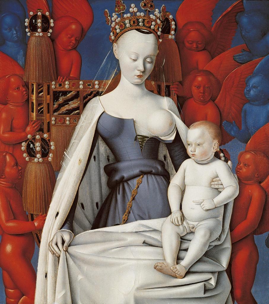 Jean Fouquet (vers 1420 – entre 1478 et 1481), La Vierge et l’Enfant entourés d’anges, panneau de gauche du diptyque de Melun, vers 1452-1455. Huile sur bois, 92 x 83,5 cm. Anvers, Koninklijk Museum voor Schone Kunsten (KMSKA). 