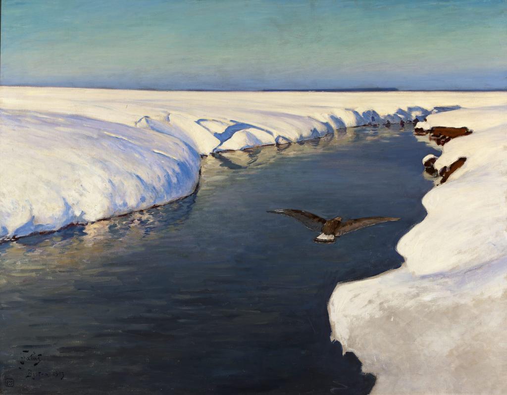 Julian Falat (1853-1929), Paysage d'hiver avec rivière et oiseau, 1913. Huile sur toile, 106 x 135 cm. Varsovie, musée national de Varsovie.