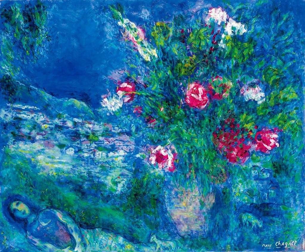 Marc Chagall, Les Fleurs sur Saint Jeannet. Huile sur toile. Le faux évoqué dans cet article a été basé sur cette œuvre.