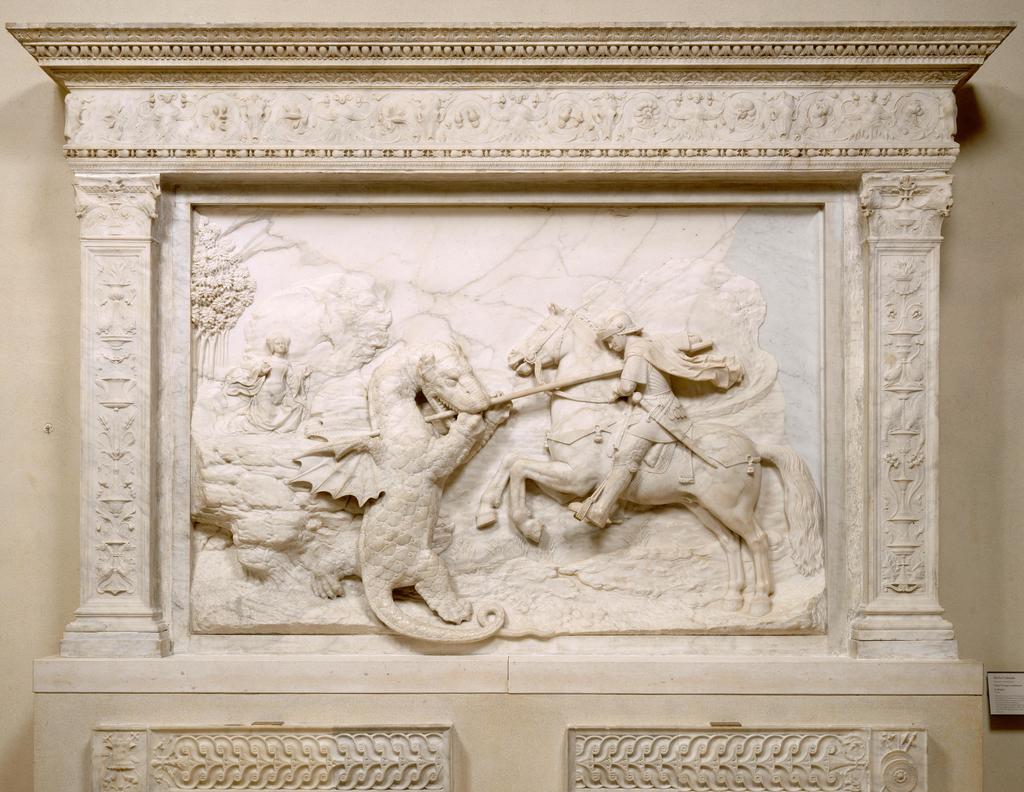 Michel Colombe (relief) ; Jérôme Pacherot, Jean Chersalle et Bertrand de Meynal (cadre), Saint Georges combattant le dragon, 1508-1509. Marbre, 128,5 x 182,5 x 17 cm, Paris, musée du Louvre. 