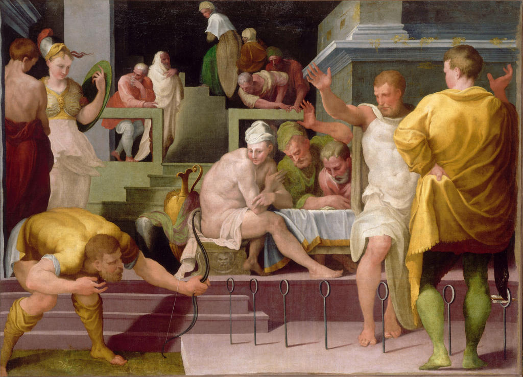 Ruggiero de Ruggieri (1540-1596/97), Ulysse à Ithaque. Le jeu de l’arc, 1569. Huile sur toile, 146,5 x 202,5 cm. Fontainebleau, château de Fontainebleau.