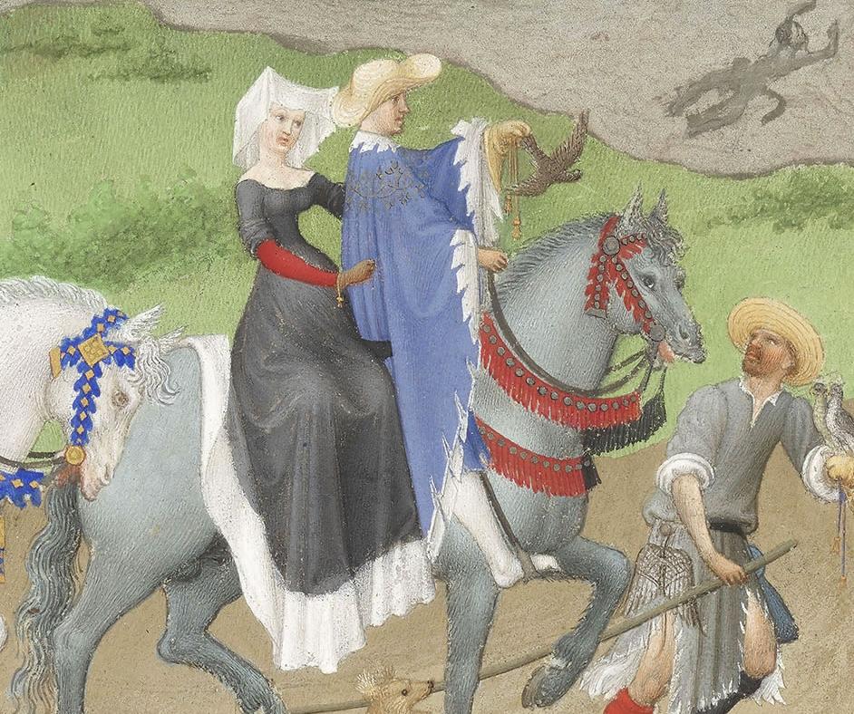 Les frères de Limbourg, Très Riches Heures du duc de Berry, ms. 65, folio 8 v°, le mois d’août, « La chasse au faucon » (détail), vers 1411-1416. Chantilly, bibliothèque du musée Condé. 21 x 29 cm. 