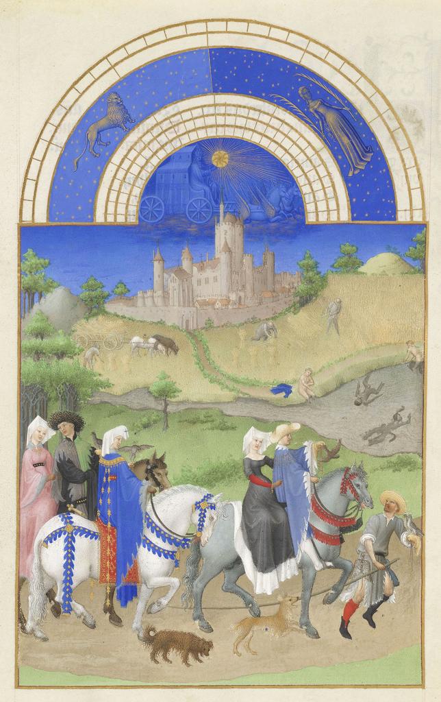 Les frères de Limbourg, Très Riches Heures du duc de Berry, ms. 65, folio 8 v°, le mois d’août, « La chasse au faucon », vers 1411-1416. Chantilly, bibliothèque du musée Condé. 21 x 29 cm. 