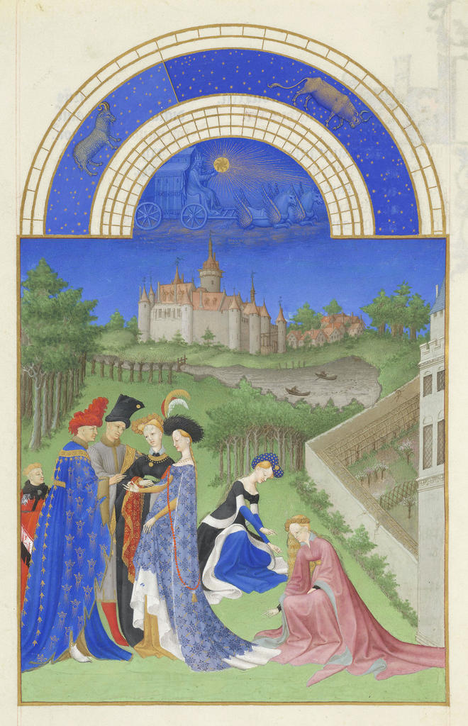 Les frères de Limbourg, Très Riches Heures du duc de Berry, ms. 65, folio 4 v°, le mois d’avril, « La reverdie », vers 1411-1416. Chantilly, bibliothèque du musée Condé. 21 x 29 cm. 