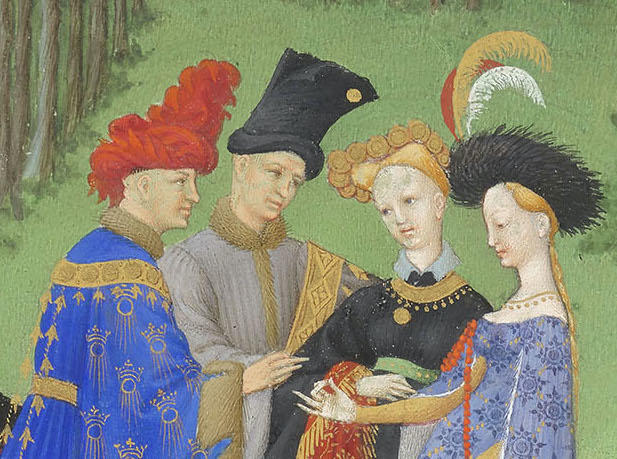 Les frères de Limbourg, Très Riches Heures du duc de Berry, ms. 65, folio 4 v°, le mois d’avril, « La reverdie » (détail), vers 1411-1416. Chantilly, bibliothèque du musée Condé. 21 x 29 cm. 