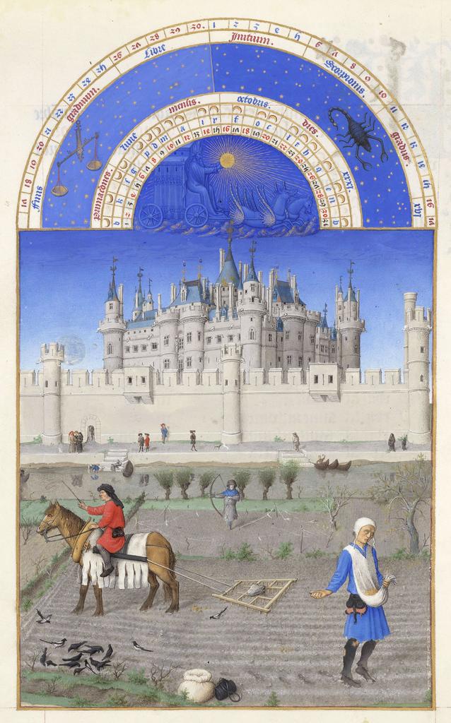 Les frères de Limbourg, vers 1411-1416, et Barthélemy d’Eyck, vers 1446, Très Riches Heures du duc de Berry, ms. 65, folio 10 v°, le mois d’octobre, « Les semailles ». Chantilly, bibliothèque du musée Condé. 21 x 29 cm. 