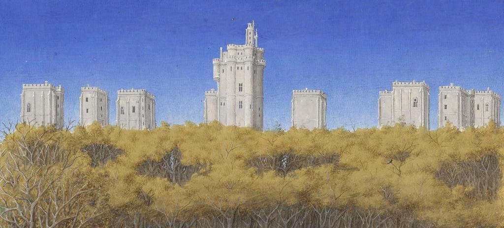 Les frères de Limbourg, vers 1411-1416, et Barthélemy d’Eyck, vers 1446, Très Riches Heures du duc de Berry, ms. 65, folio 12 v°, le mois de décembre, « L’hallali » (détail). Chantilly, bibliothèque du musée Condé. 21 x 29 cm. 