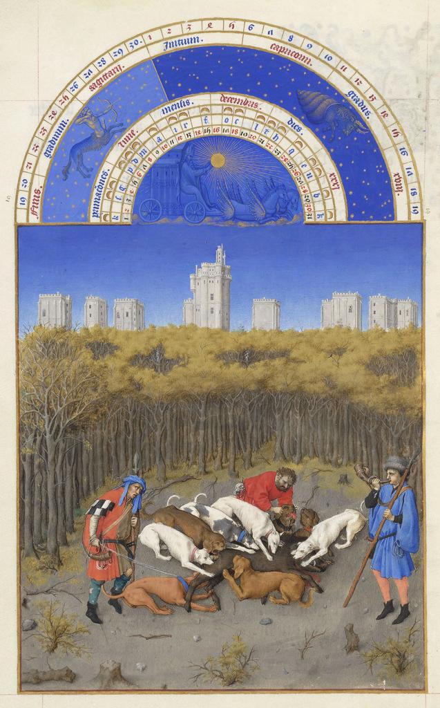 Les frères de Limbourg, vers 1411-1416, et Barthélemy d’Eyck, vers 1446, Très Riches Heures du duc de Berry, ms. 65, folio 12 v°, le mois de décembre, « L’hallali ». Chantilly, bibliothèque du musée Condé. 21 x 29 cm. 
