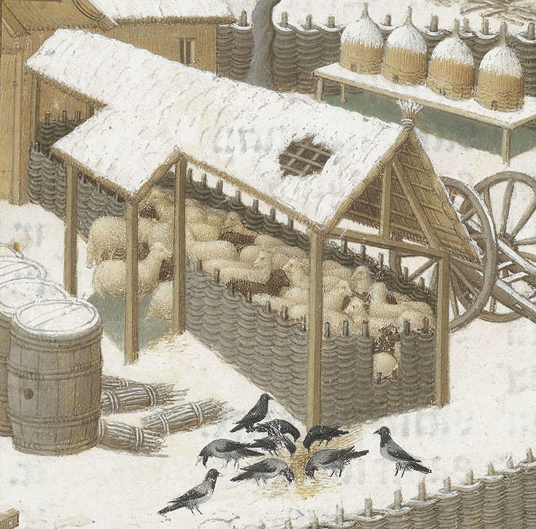 Les frères de Limbourg, Très Riches Heures du duc de Berry, ms. 65, folio 2 v°, le mois de février, « Scène de vie paysanne sous la neige » (détail), vers 1411-1416. Chantilly, bibliothèque du musée Condé. 21 x 29 cm. 