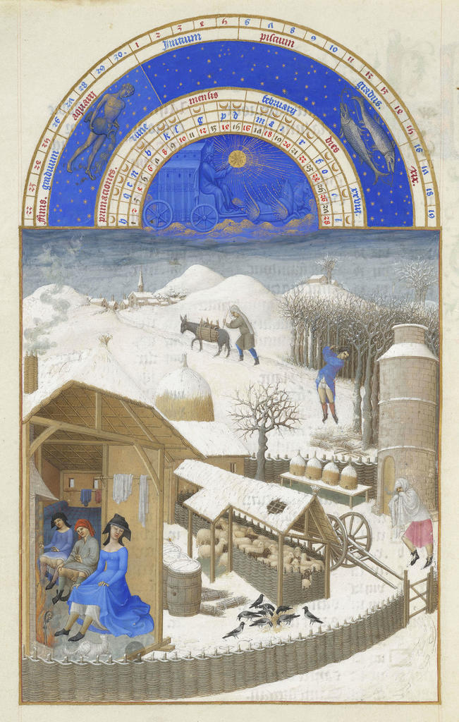 Les frères de Limbourg, Très Riches Heures du duc de Berry, ms. 65, folio 2 v°, le mois de février, « Scène de vie paysanne sous la neige », vers 1411-1416. Chantilly, bibliothèque du musée Condé. 21 x 29 cm. 