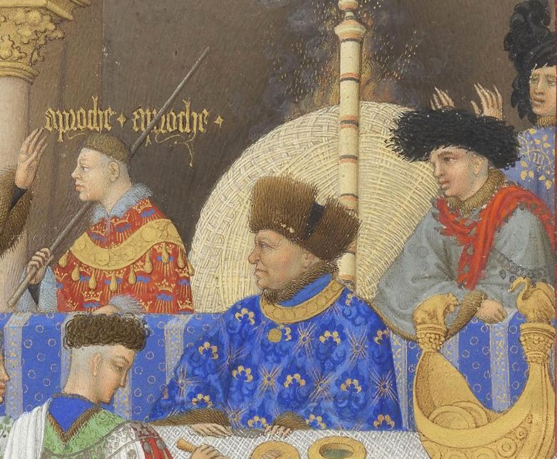 Les frères de Limbourg, Très Riches Heures du duc de Berry, ms. 65, folio 1 v°, le mois de janvier, « Festin chez le duc de Berry » (détail), vers 1411-1416. Chantilly, bibliothèque du musée Condé. 21 x 29 cm. 