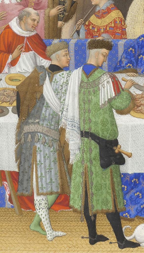 Les frères de Limbourg, Très Riches Heures du duc de Berry, ms. 65, folio 1 v°, le mois de janvier, « Festin chez le duc de Berry » (détail), vers 1411-1416. Chantilly, bibliothèque du musée Condé. 21 x 29 cm. 