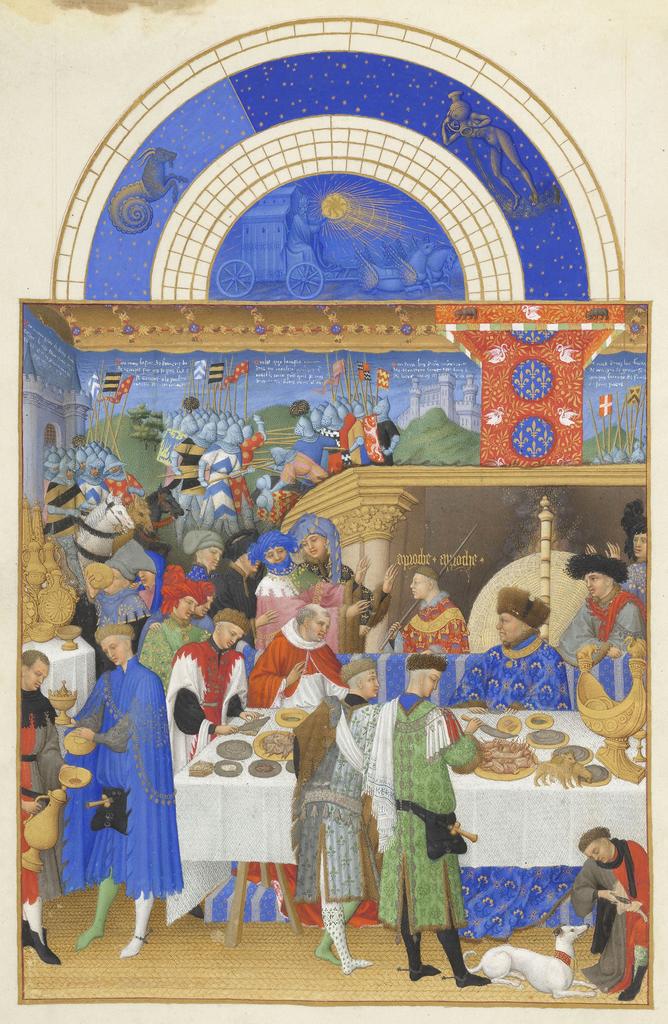 Les frères de Limbourg, Très Riches Heures du duc de Berry, ms. 65, folio 1 v°, le mois de janvier, « Festin chez le duc de Berry », vers 1411-1416. Chantilly, bibliothèque du musée Condé. 21 x 29 cm. 