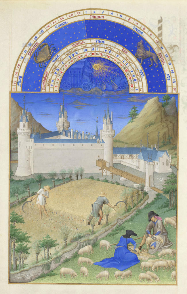 Les frères de Limbourg, Très Riches Heures du duc de Berry, ms. 65, folio 7 v°, le mois de juillet, « La moisson », vers 1411-1416. Chantilly, bibliothèque du musée Condé. 21 x 29 cm. 
