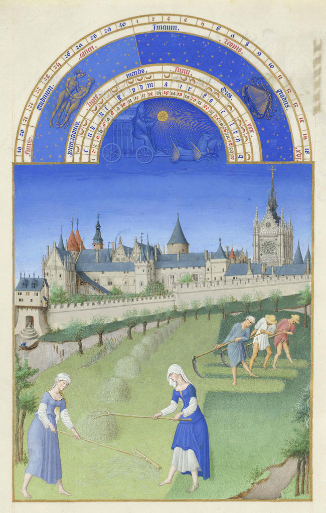 Les frères de Limbourg, vers 1411-1416, et Barthélemy d’Eyck, vers 1446, Très Riches Heures du duc de Berry, ms. 65, folio 6 v°, le mois de juin, « La fenaison ». Chantilly, bibliothèque du musée Condé. 21 x 29 cm. 