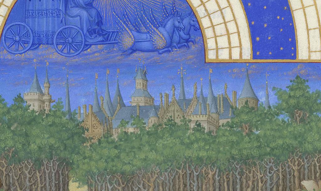 Les frères de Limbourg, Très Riches Heures du duc de Berry, ms. 65, folio 5 v°, le mois de mai, « La cavalcade de mai » (détail), vers 1411-1416. Chantilly, bibliothèque du musée Condé. 21 x 29 cm. 