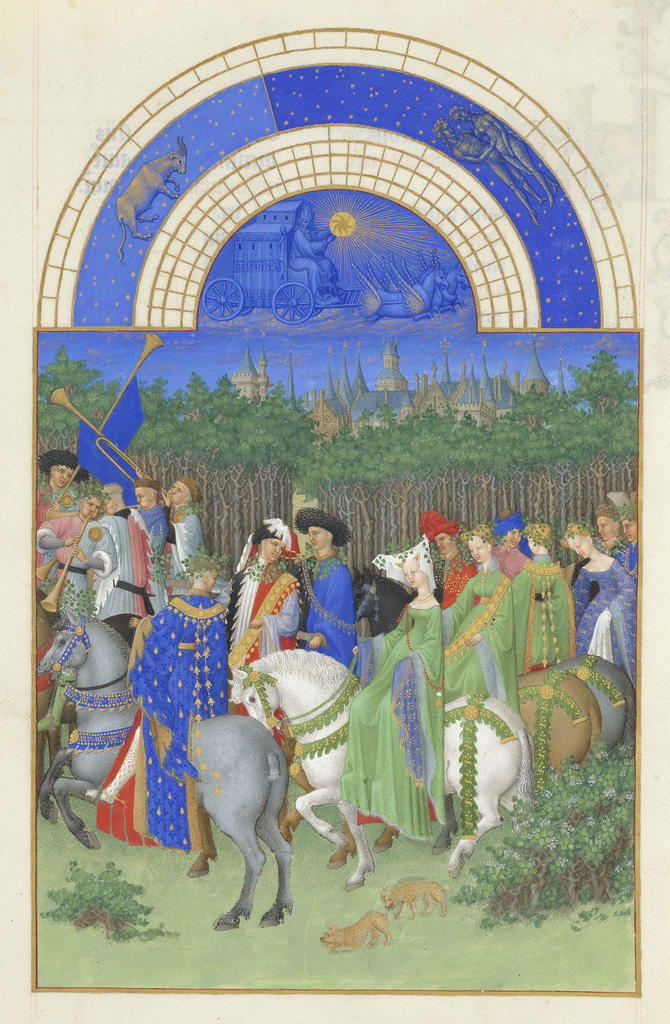 Les frères de Limbourg, Très Riches Heures du duc de Berry, ms. 65, folio 5 v°, le mois de mai, « La cavalcade de mai », vers 1411-1416. Chantilly, bibliothèque du musée Condé. 21 x 29 cm. 
