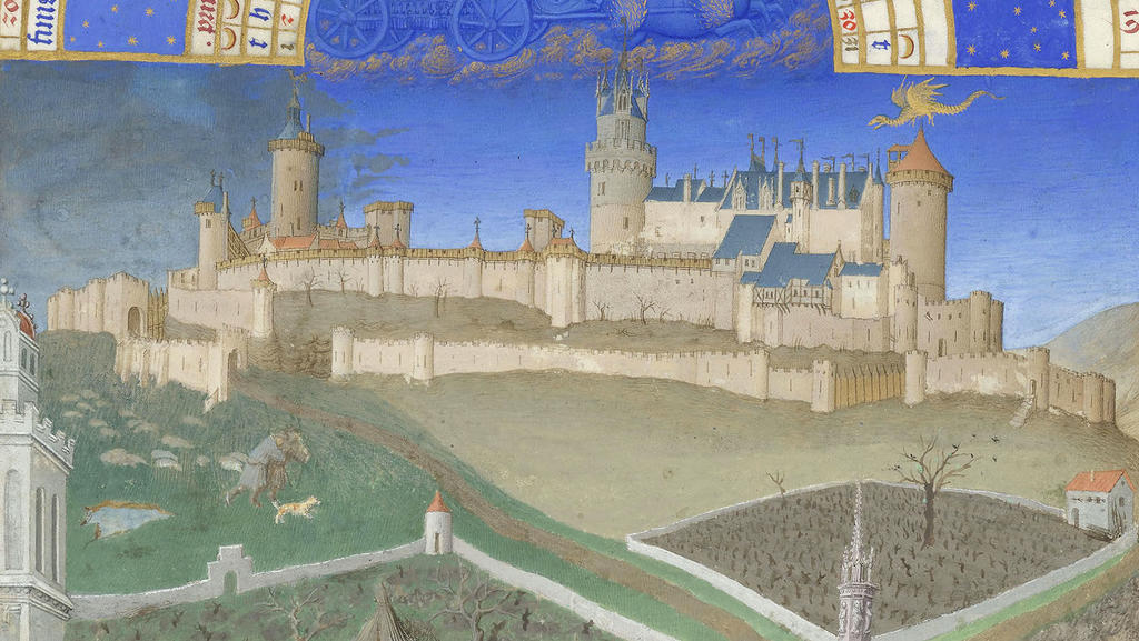 Les frères de Limbourg, vers 1411-1416, et Barthélemy d’Eyck, vers 1446, Très Riches Heures du duc de Berry, ms. 65, folio 3 v°, le mois de mars, « Les premiers travaux des champs » (détail). Chantilly, bibliothèque du musée Condé. 21 x 29 cm. 
