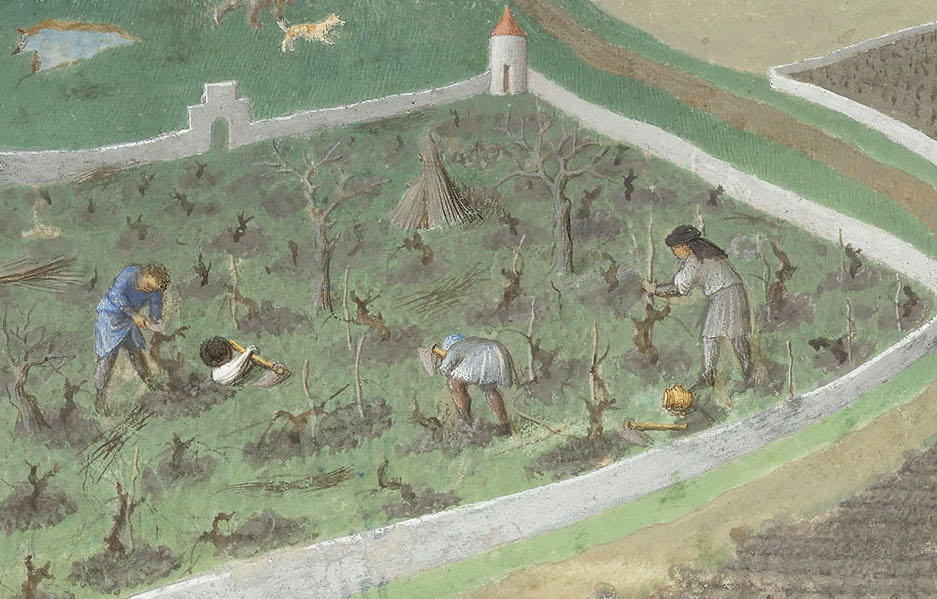 Les frères de Limbourg, vers 1411-1416, et Barthélemy d’Eyck, vers 1446, Très Riches Heures du duc de Berry, ms. 65, folio 3 v°, le mois de mars, « Les premiers travaux des champs » (détail). Chantilly, bibliothèque du musée Condé. 21 x 29 cm. 