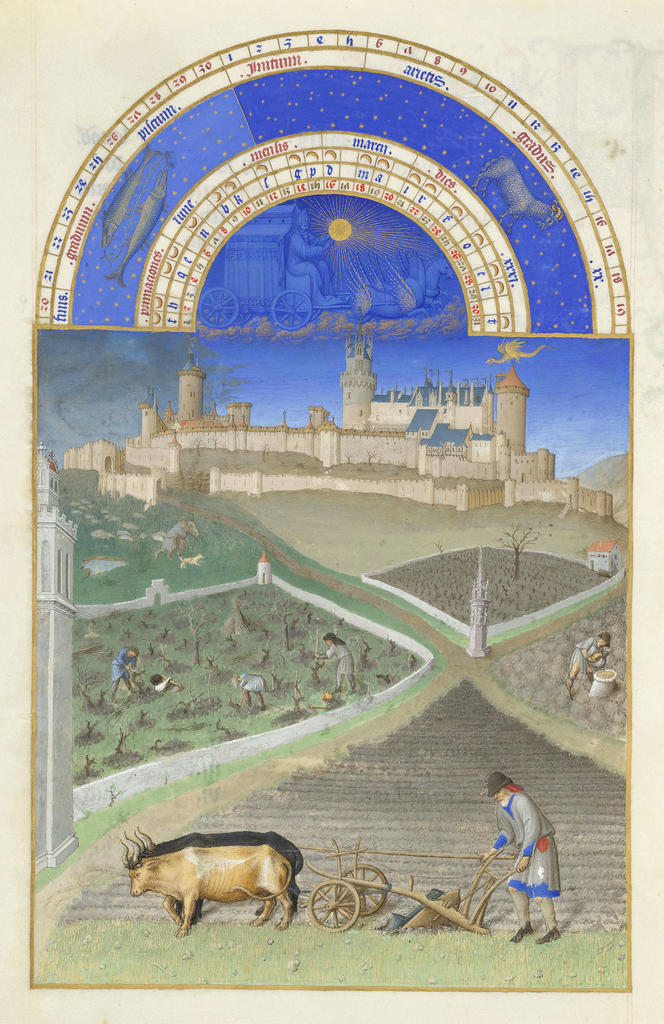Les frères de Limbourg, vers 1411-1416, et Barthélemy d’Eyck, vers 1446, Très Riches Heures du duc de Berry, ms. 65, folio 3 v°, le mois de mars, « Les premiers travaux des champs ». Chantilly, bibliothèque du musée Condé. 21 x 29 cm. 