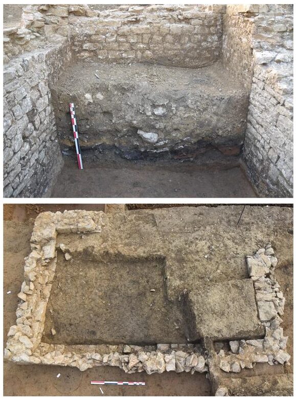 Vue générale de la cave maçonnée convertie en dépotoir (en plan et en cours de fouille). 