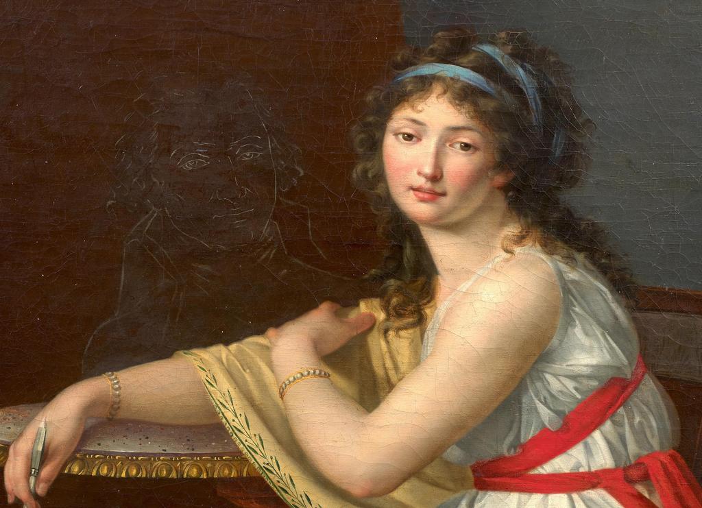 Adèle Tornézy (1769-1861), Portrait de femme artiste (détail). Huile sur toile, 151 x 111,5 cm. Signée et datée « Adèle Tornézy / Lan 3eme r » en bas à droite. Vente Paris, Artcurial, 25 novembre 2025. Estimé : 100 000/150 000 €.
