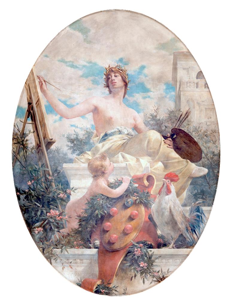Théobald Chartran (1849-1907), grand prix de Rome de 1877, La Peinture française à la Villa Médicis, 1884. Huile sur toile marouflée, 310 x 235 cm. Paris, Académie des beaux-arts, collections musée de Caen, palais de l’Institut de France, Pavillon comtesse de Caen.