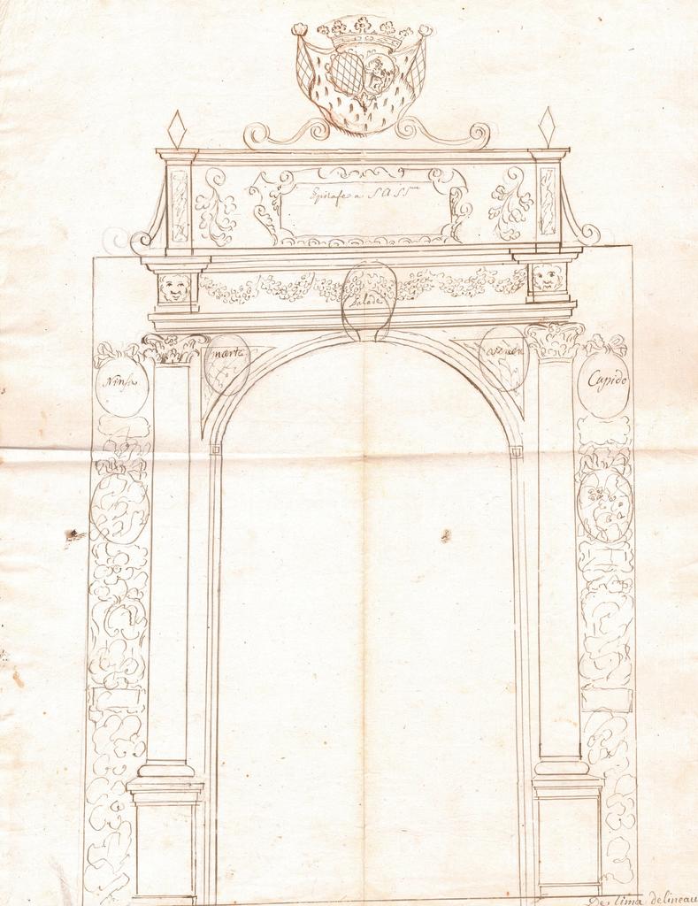 Dessin préparatoire d’arc de triomphe dressé à l’occasion des cérémonies du mariage, 1757. Plume et encre brune sur traits de crayon noir. Monaco, Archives du palais princier. 