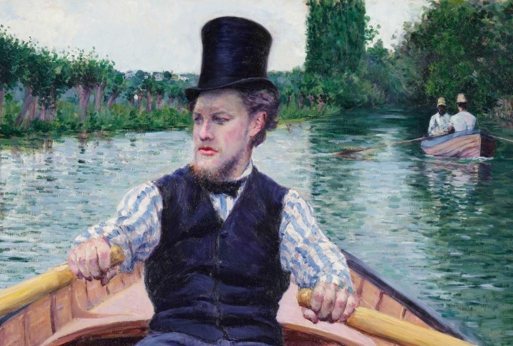 Gustave Caillebotte (1848–1894), Partie de bateau [Canotier au chapeau haut de forme] (détail), vers 1877-1878. Huile sur toile, 89,5 x 116,7 cm. Paris, musée d’Orsay. 