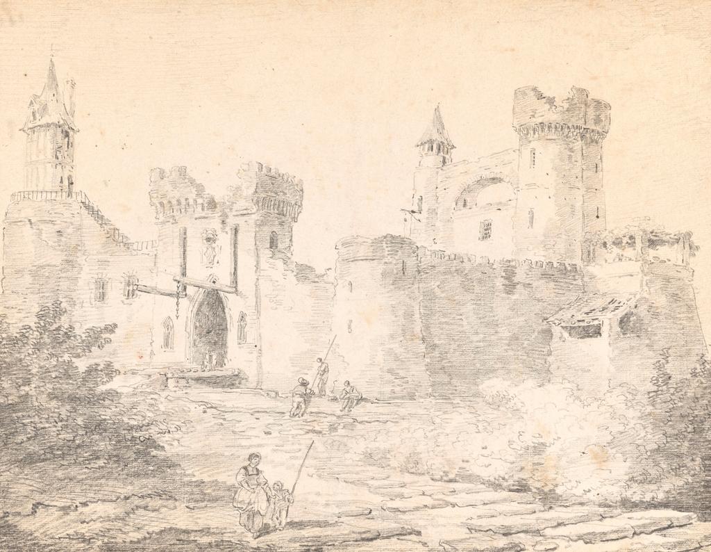 Hubert Robert (1733-1808), Vue animée d’une forteresse aux armes de la princesse de Monaco : projet pour les jardins de Betz, vers 1785. Pierre noire et estompe. Chantilly, musée Condé. 