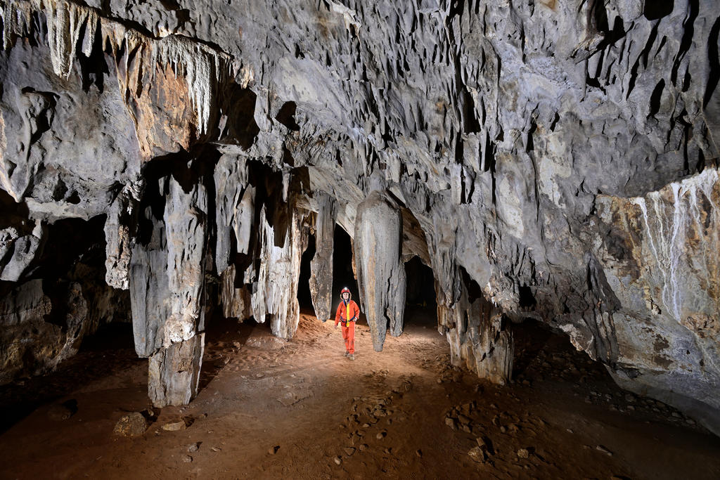 Salle avec stalactites et piliers massifs (Gcwihaba Cave, Botswana). Le sol est recouvert de guano.