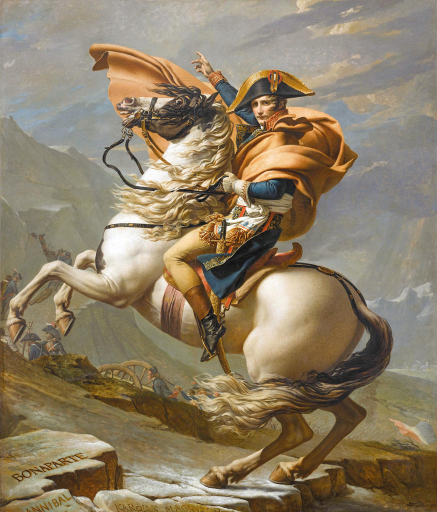 Jacques-Louis David, Bonapartefranchissant les Alpes au Grand Saint-Bernard, 1800. Huile sur toile, 260 x 221 cm. Rueil-Malmaison, musée national des châteaux de Malmaison et Bois‑Préau.