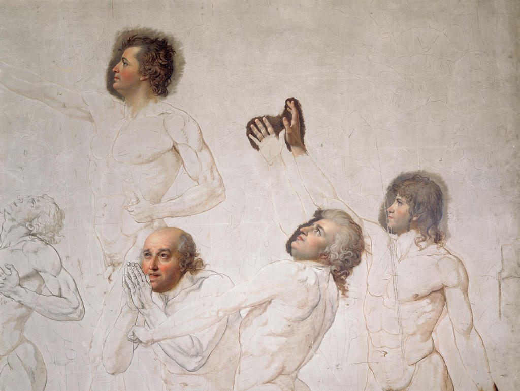Jacques-Louis David, Le Serment du Jeu de paume, 1791-92. Détail. Ébauche à la craie, graphite et huile sur toile (fragment inachevé), 358 x 648 cm. Paris, musée du Louvre, en dépôt à Versailles, musée national des châteaux de Versailles et de Trianon.