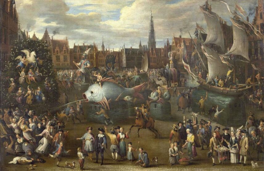Alexander van Bredael (1663-1720), Ommegang avec le géant Druon Antigone sur le Meir, 1697. Huile sur toile, 106,5 x 136 cm. Lille, musée de l’Hospice Comtesse. 