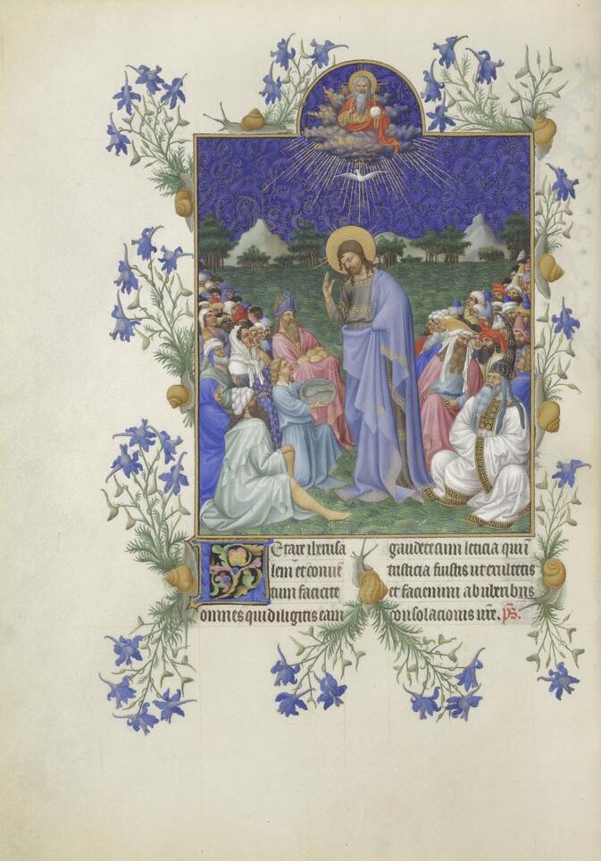 Frères de Limbourg (miniature et bordure) et Maître du Bréviaire (lettrine), Très Riches Heures du duc de Berry, fol. 168v : la Multiplication des pains.