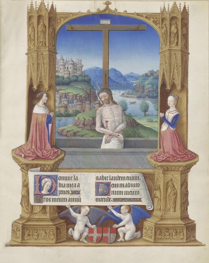 Jean Colombe, Très Riches Heures, fol. 75 : le Christ de Pitié avec Charles de Savoie et Blanche de Montferrat.